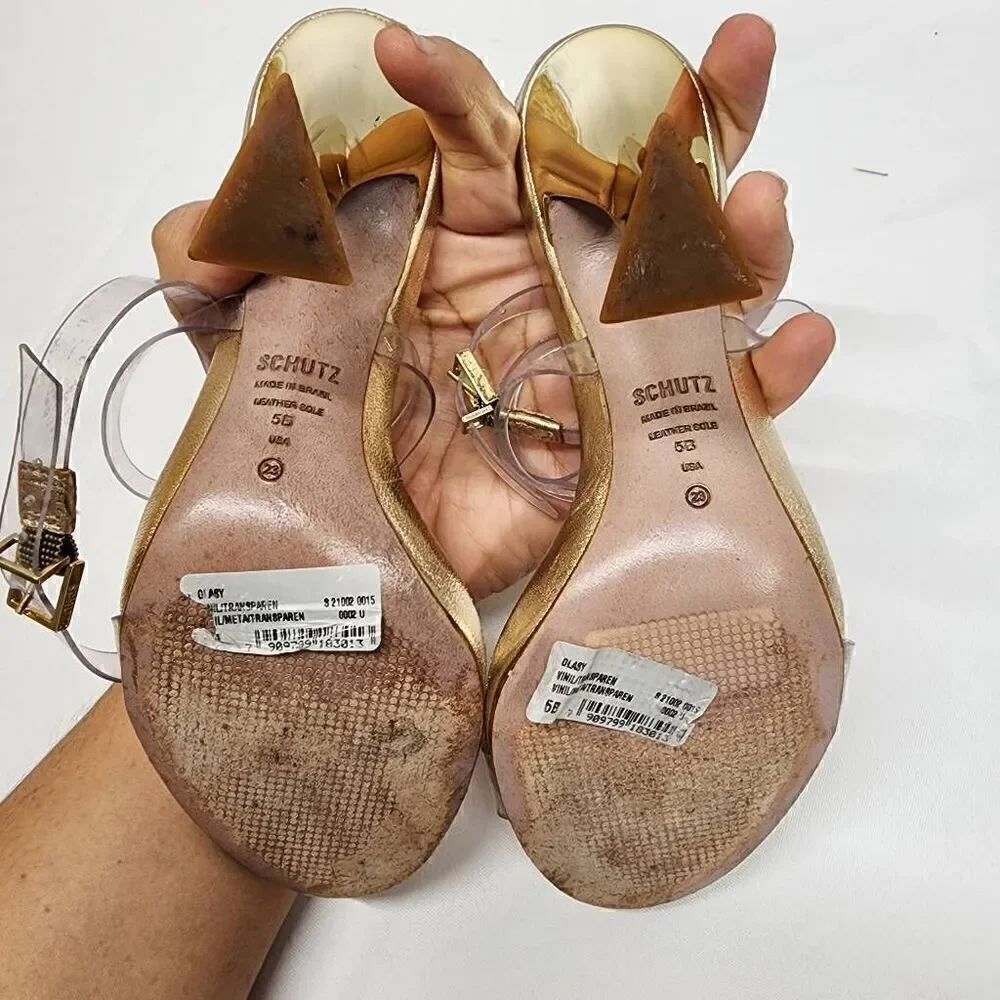 Schutz Size 5 B Glasy Gold Metallic Transparent Heel Sandals M